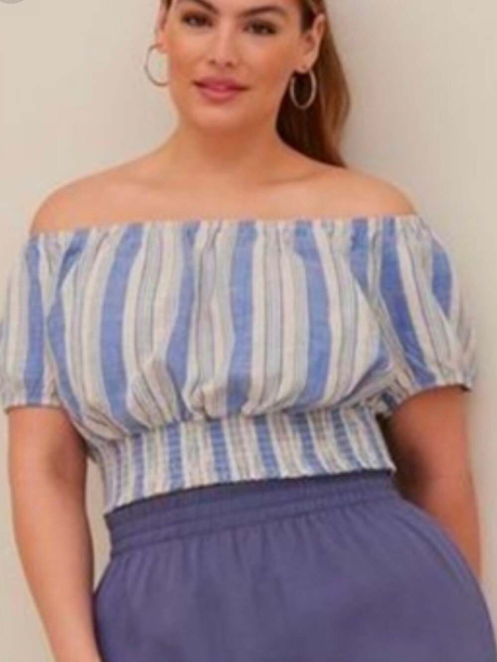 Torrid Blouse Women 10 Striped Blue Cream Cropped Smocked  Off Shoulder Linen